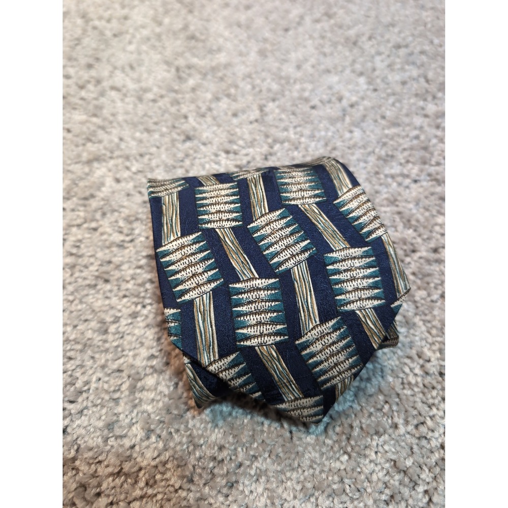 DONA DONA Mens Silk Necktie Navy Blue Geometric Abstract Pattern Hand Made Italy